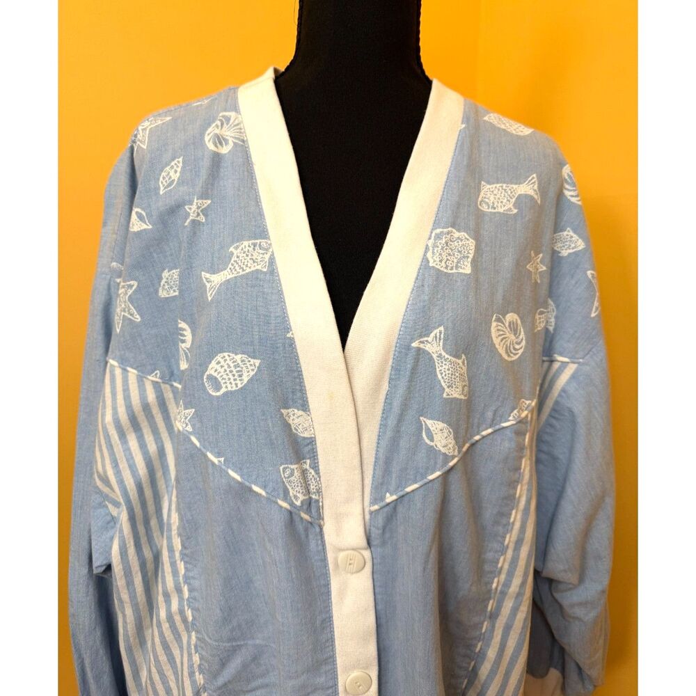 Vintage 80s Slouchy Cardigan Light Blue White Stripes Beach Coastal Ocean XL